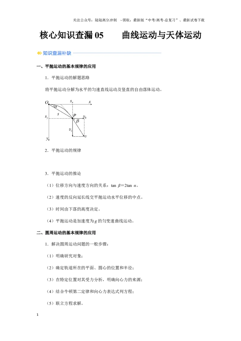 《05  曲线运动与天体运动-（核心知识查漏）（教师版）_04-物理-高考总复习_专项复习_2025年_2025年高考物理抢押秘籍（黑吉辽蒙专用）》第1页预览