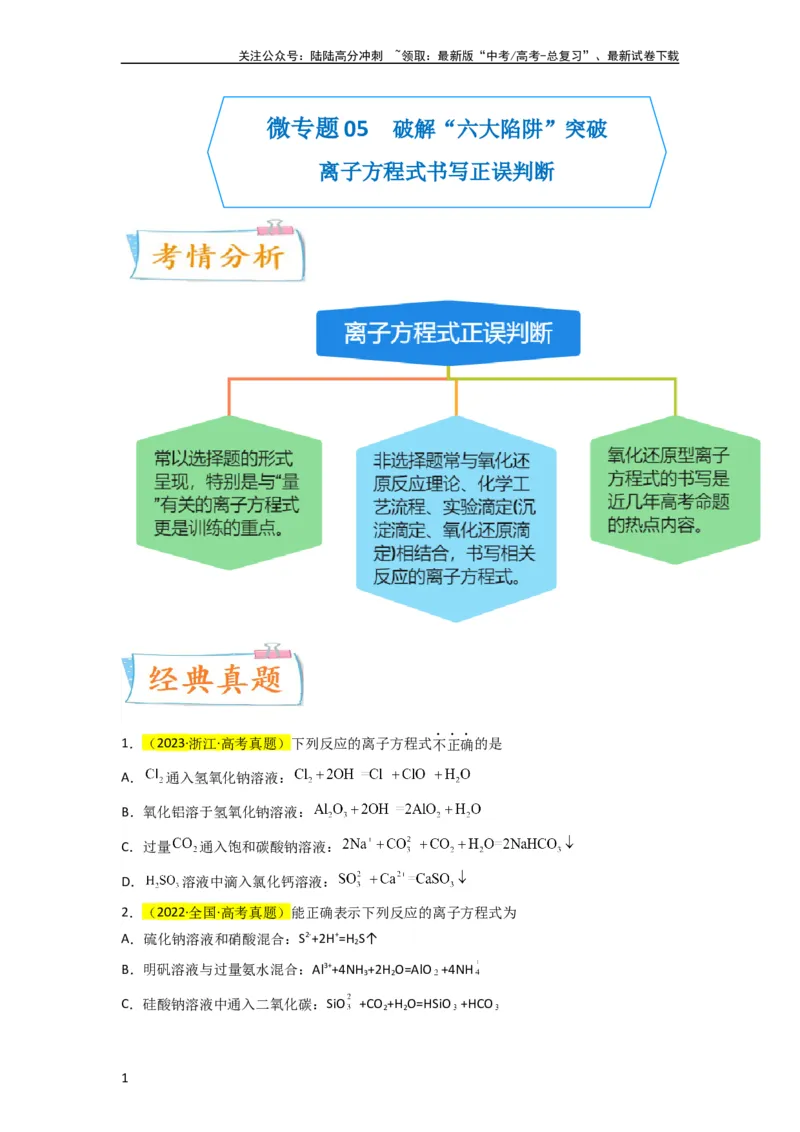 《升级版微专题05破解“六大陷阱”突破离子方程式书写正误判断（原卷版）(全国版)_05-化学-高考总复习_一轮复习_2024年_2024高考化学一轮复习考点微专题考情分析经典真题_资料》第1页预览