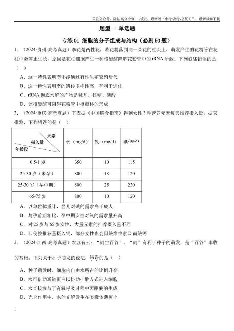 《专练01细胞的分子组成与结构（50题）（学生版）_06-生物-高考总复习_专项复习_2024年_2024年新高考生物总复习高频考点必刷800题_2025版》第1页预览