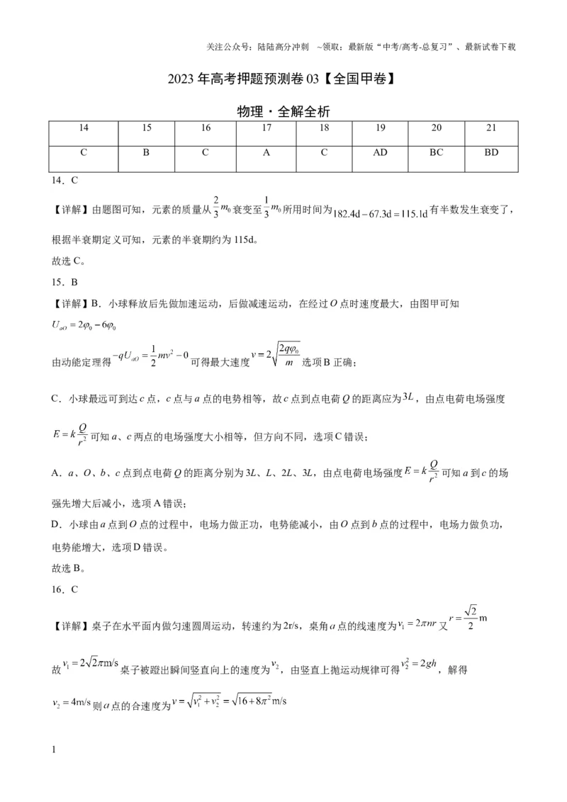 《2023年高考押题预测卷03（全国甲卷）-物理（全解全析）_04-物理-高考总复习_专项复习_2024年_2023年高考押题预测卷01物理》第1页预览