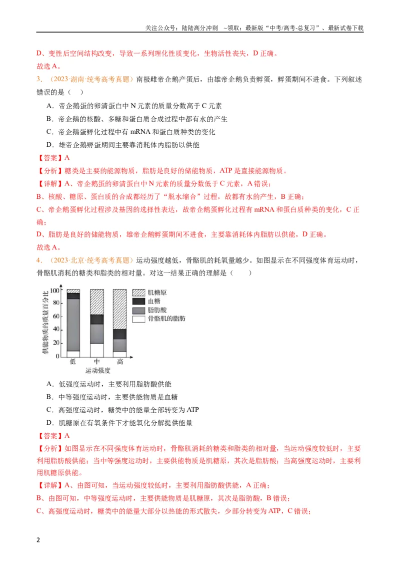 《专题01组成细胞的分子-五年（2019-2023）高考生物真题分项汇编（全国通用）（教师版）_06-生物-高考总复习_专项复习_2024年_2024年高考生物五年真题分项汇编（全国通用）》第2页预览