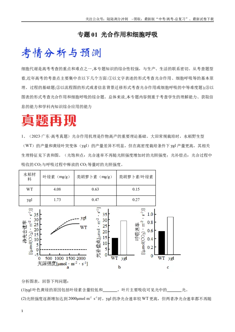 《专题01光合作用和细胞呼吸（广东卷）（原卷版）_06-生物-高考总复习_专项复习_2024年_2024年高考生物考前大题秒杀技巧及专项训练_资料》第1页预览