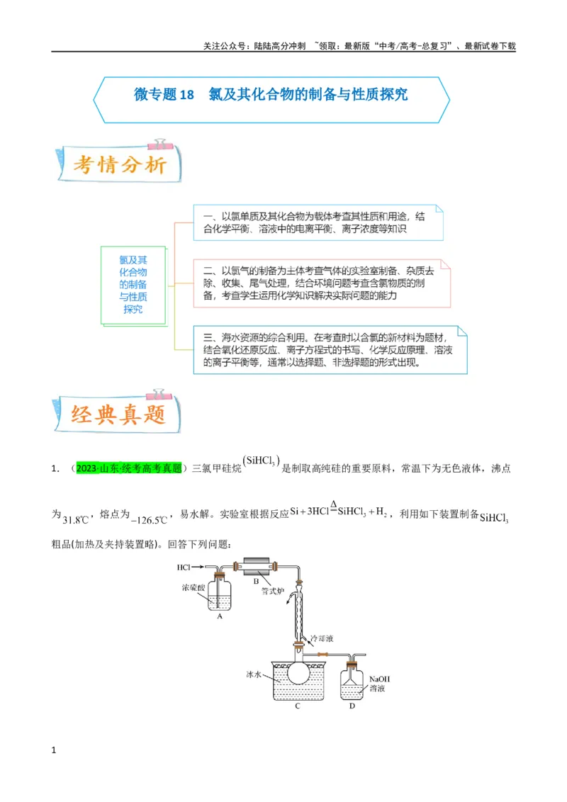 《升级版微专题18氯及其化合物的制备与性质探究（解析版）_05-化学-高考总复习_一轮复习_2024年_2024年高考化学一轮复习考点微专题_资料》第1页预览