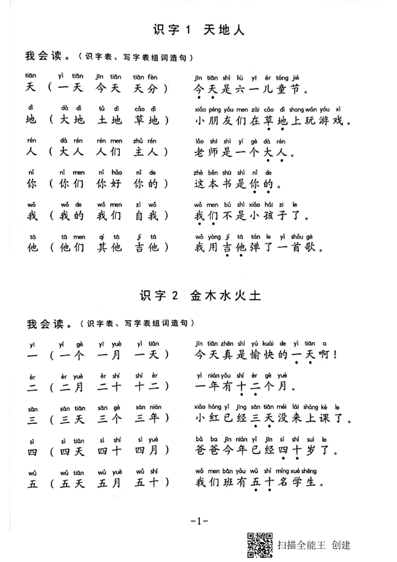 《一年级生字组词造句阅读本_小学1-6年级全科全套_1-6年级全科上册_一年级_语文_语文一上幼小衔接专项》第1页预览