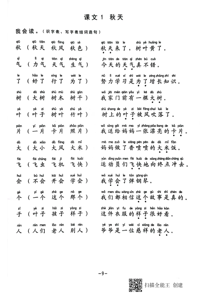 《一年级生字组词造句阅读本_小学1-6年级全科全套_1-6年级全科上册_一年级_语文_语文一上幼小衔接专项》第9页预览