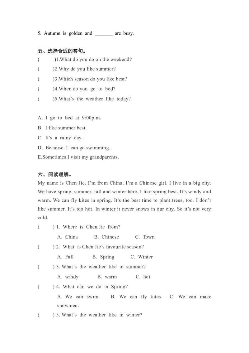 《精品五年级下册英语一课一练-Unit2Myfavouriteseason课时（2）人教PEP（word版，含答案）_小学1-6年级全科全套_1-6年级全科下册_五年级_五年级下英语_英语五下人教PEP》第2页预览