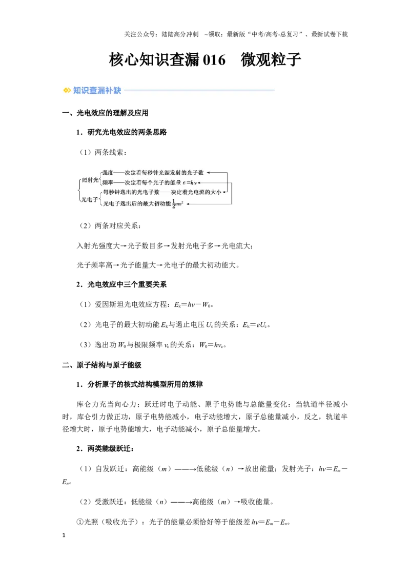 《016微观粒子-（核心知识查漏）（教师版）_04-物理-高考总复习_专项复习_2025年_2025年高考物理抢押秘籍（安徽专用）》第1页预览