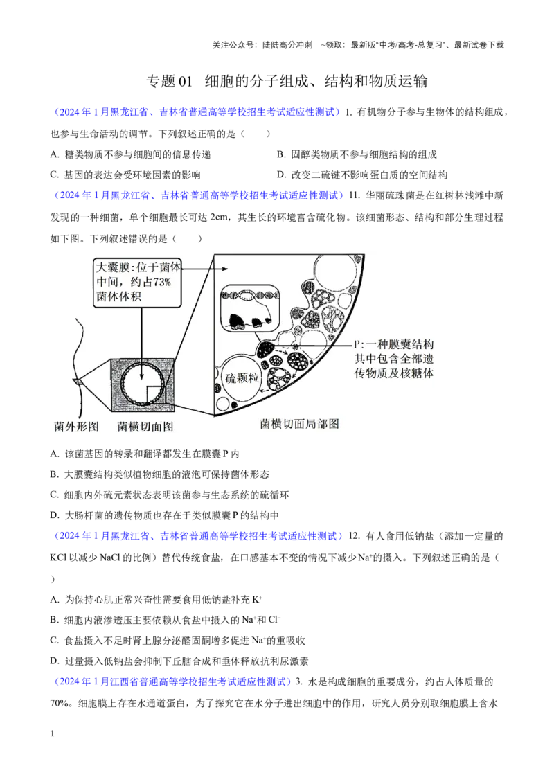 《专题01细胞的分子组成、结构和物质运输（原卷版）_06-生物-高考总复习_专项复习_2024年_2024高考生物1月九省联考猜想卷真题汇编完全解读_2024年1月“九省联考”生物真题分类汇编(9)份》第1页预览