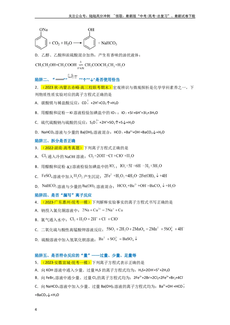 《升级版微专题05破解“六大陷阱”突破离子方程式书写正误判断（原卷版）(全国版)_05-化学-高考总复习_一轮复习_2024年_2024年高考化学一轮复习考点微专题_资料》第4页预览