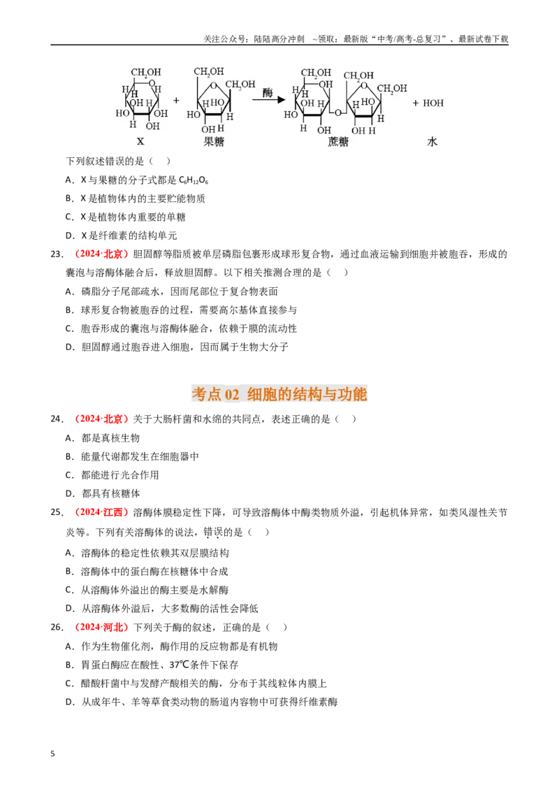 《专题01细胞的结构与分子组成（原卷版）_06-生物-高考总复习_专项复习_2025年_五年2020-2024高考真题分类汇编生物真题分类汇编（全国通用）》第5页预览