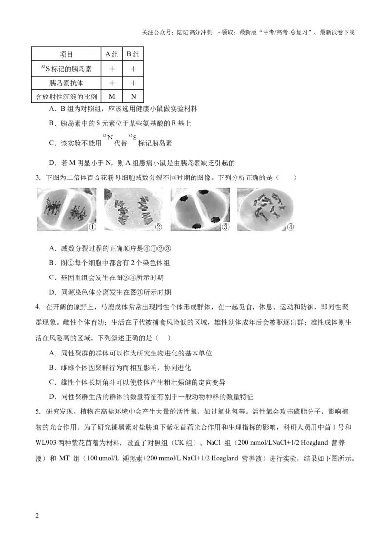 《2023年高考押题预测卷01（云南，安徽，黑龙江，山西，吉林五省通用）-生物（考试版）_06-生物-高考总复习_专项复习_2024年_2023年高考押题预测卷01生物》第2页预览