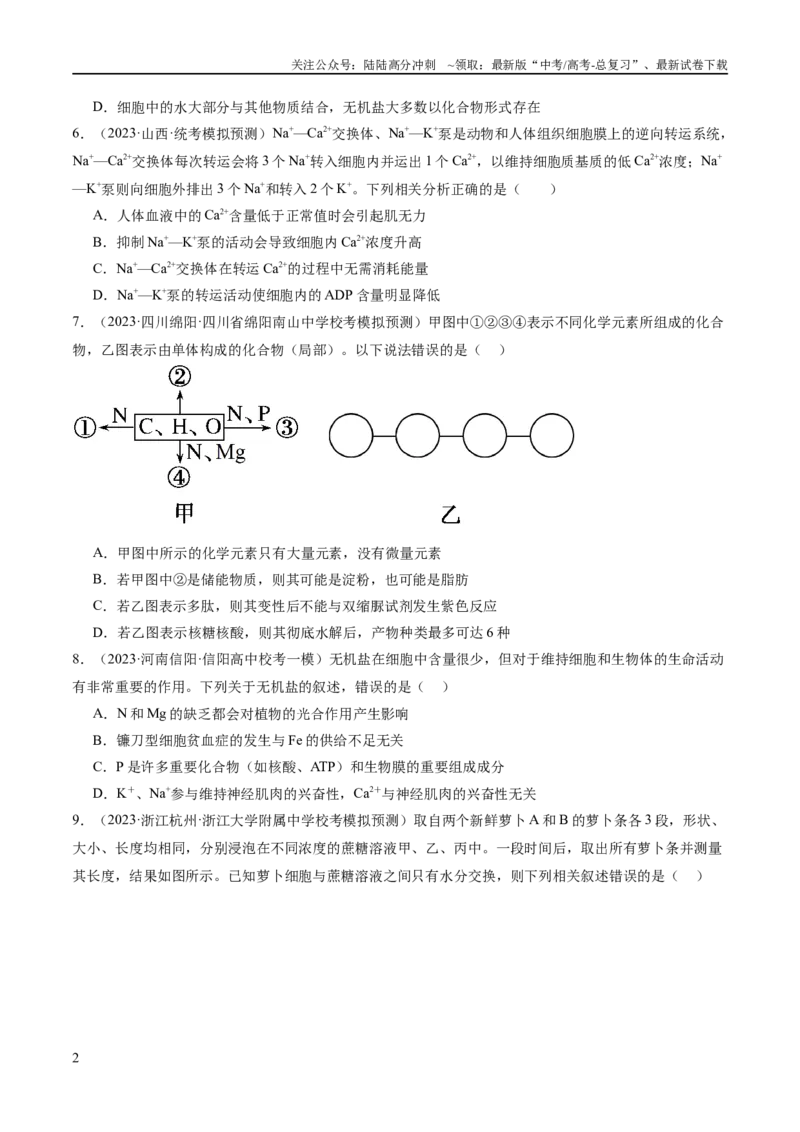 《专题01细胞的分子组成、结构和物质运输（分层练）（原卷版）_06-生物-高考总复习_二轮复习_2024年_2024年高考生物二轮复习高频考点追踪与预测（新高考专用）_分层练》第2页预览