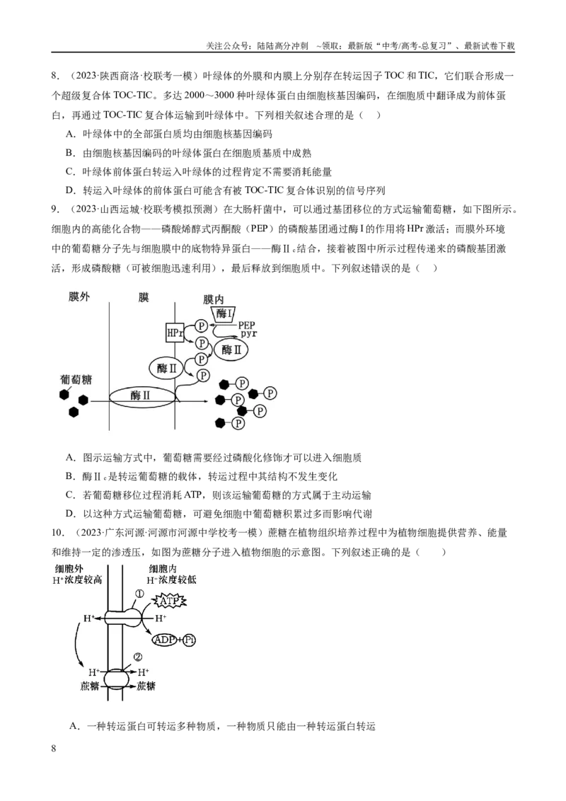 《专题01细胞的分子组成、结构和物质运输（分层练）（原卷版）_06-生物-高考总复习_二轮复习_2024年_2024年高考生物二轮复习高频考点追踪与预测（新高考专用）_分层练》第8页预览