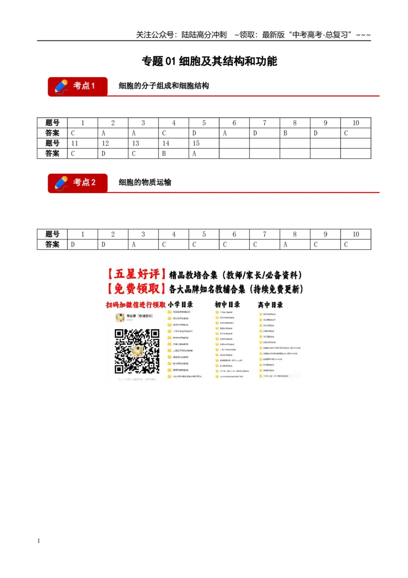 《专题01细胞及其结构和功能(2大考点)(答案版)_06-生物-高考总复习_专项复习_2026年-生物高考专项复习_2026年高考生物二模试题分类汇编(四川专用)-G282_2026版》第1页预览