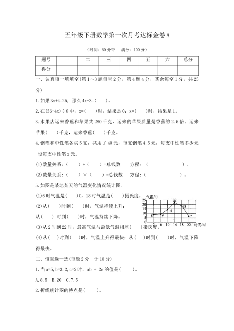 《精品五年级下册数学第一次月考达标金卷A（苏教版2014秋，含答案）(1)_小学1-6年级全科全套_1-6年级全科下册_五年级_五年级下数学_数学五下苏教版(1)》第1页预览