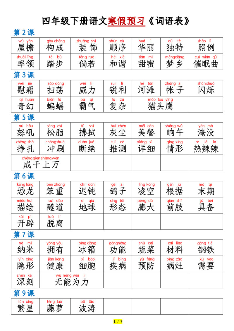 《词语表识字表_小学1-6年级全科全套_1-6年级全科下册_四年级_其他补充资料_热门资料_语文》第1页预览