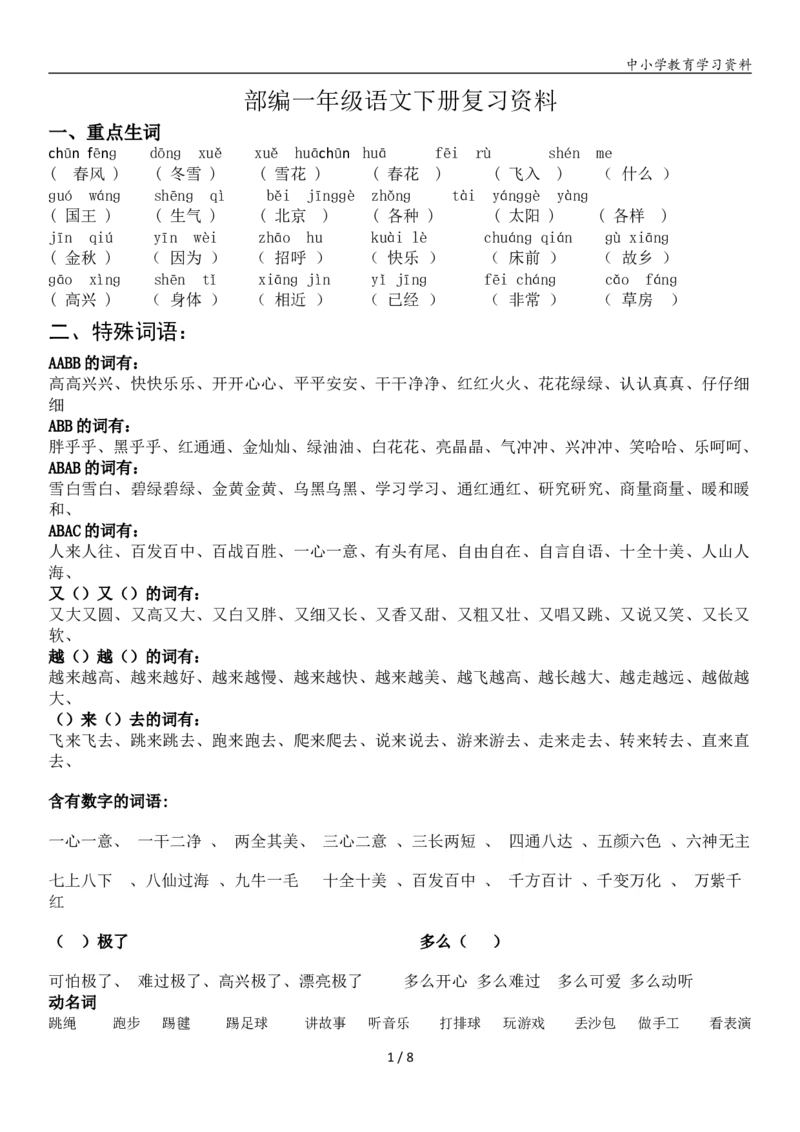 《一年级语文下册知识点归纳总复习(1)_小学1-6年级全科全套_1-6年级全科下册_一年级_其他补充资料_热门资料_语文》第1页预览