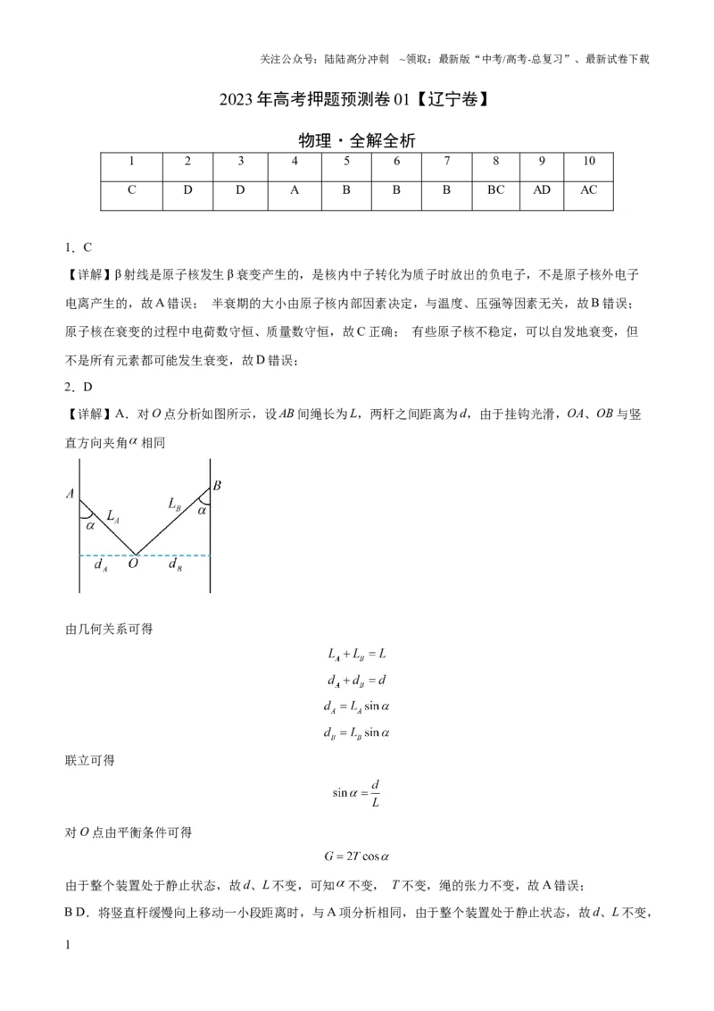 《2023年高考押题预测卷01（辽宁卷）-物理（全解全析）_04-物理-高考总复习_专项复习_2024年_2023年高考押题预测卷01物理》第1页预览