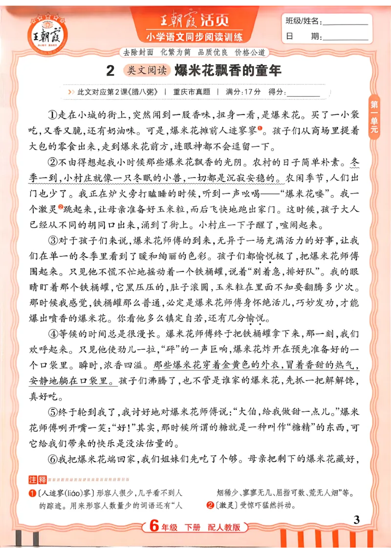 《6下语文王朝霞活页同步阅读训练26春_小初高学习资料合集（每天更新）_2026春《王朝霞活页语文同步阅读训练》》第3页预览