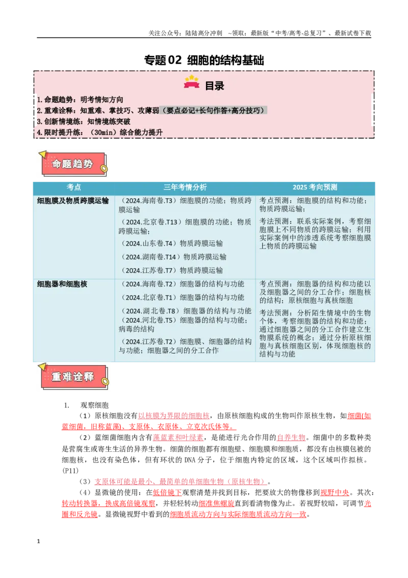 《专题02细胞的结构基础（解析版）_06-生物-高考总复习_专项复习_2025年_2025年高考生物重难点讲义专练（西北四省专用）》第1页预览