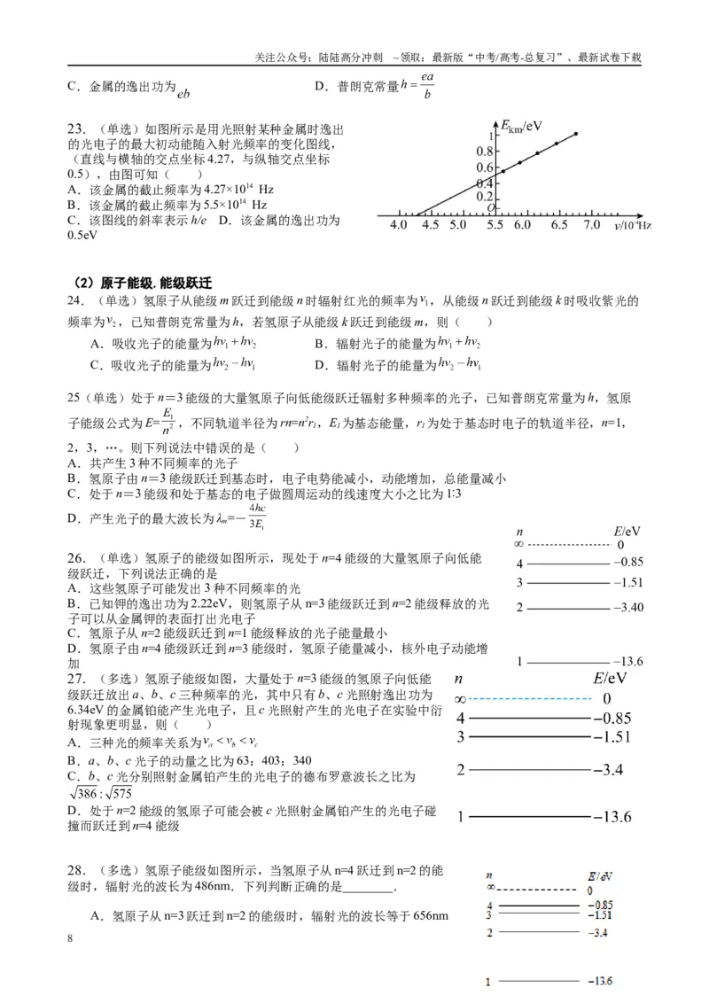 《2025高考物理一轮复习能力提升专题复习（26）原子物理（学生版）_04-物理-高考总复习_一轮复习_2025年_2025届高考物理一轮复习能力提升专题练_资料》第8页预览