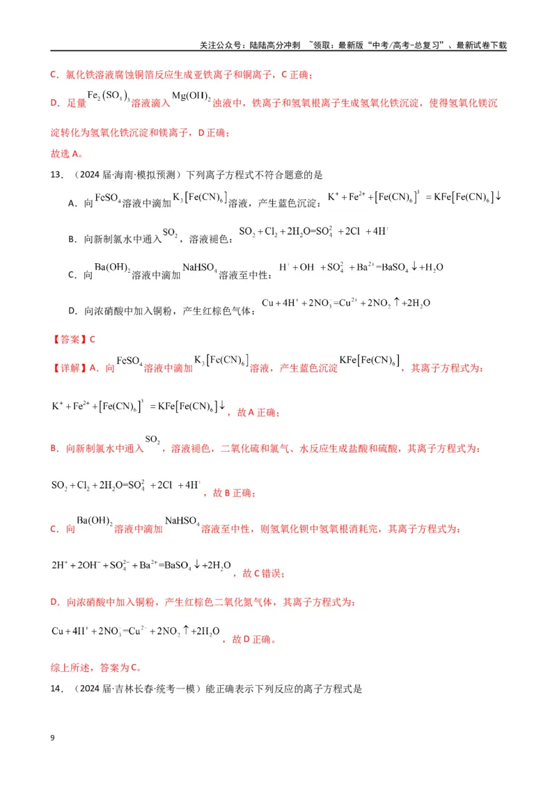 《卷04离子反应氧化还原反应-（全国通用）（教师版）_05-化学-高考总复习_专项复习_2024年_2024年高考化学小题限时集训（全国通用+新九省专用）_资料_高考化学小题限时集训（全国通用）》第9页预览
