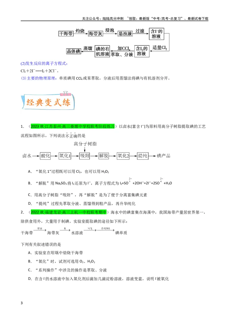 《升级版微专题19海水资源的综合利用（提取溴和碘）（原卷版）(全国版)_05-化学-高考总复习_一轮复习_2024年_2024高考化学一轮复习考点微专题考情分析经典真题_资料》第3页预览