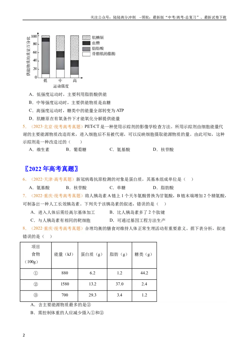 《专题01组成细胞的分子-五年（2019-2023）高考生物真题分项汇编（全国通用）（学生版）_06-生物-高考总复习_专项复习_2024年_2019-2023高考生物五年真题分项汇编（全国通用）》第2页预览