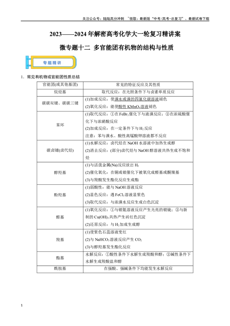 《微专题十二多官能团有机物的结构与性质-（解析版）_05-化学-高考总复习_一轮复习_2024年_2023-2024学年解密高考化学大一轮复习精讲精练（配套新教材2019）_资料》第1页预览