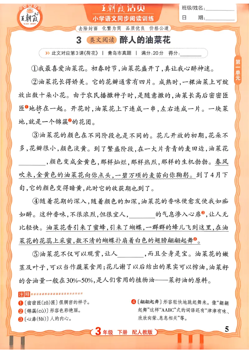 《3下语文王朝霞活页同步阅读训练26春_小初高学习资料合集（每天更新）_2026春《王朝霞活页语文同步阅读训练》》第5页预览