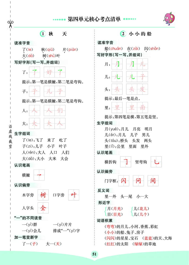 《一年级新版核心考点清单_小学1-6年级全科全套_1-6年级全科上册_一年级_语文_语文一上单元考点归纳》第7页预览