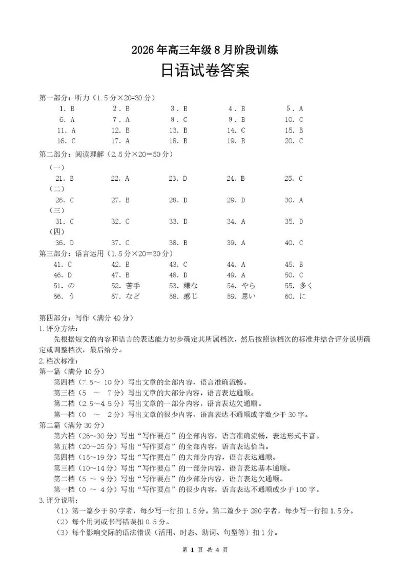 《高三8月日语答案及评分细则_小初高学习资料合集（每天更新）_湖北云学联盟2026-2027学年上学期高三8月阶段检测（全科）_湖北云学联盟2026-2027学年上学期高三8月阶段训练日语试卷》第1页预览