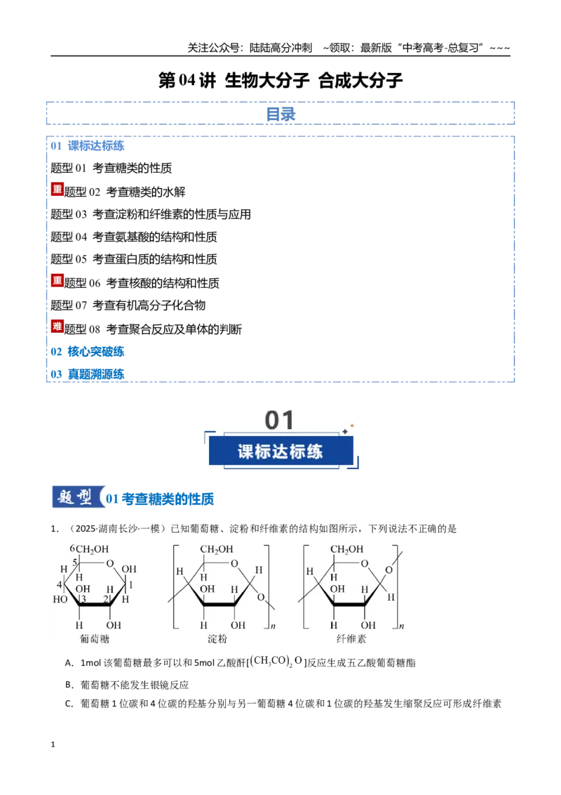《第04讲生物大分子合成大分子（专项训练）（湖南专用）（教师版）_05-化学-高考总复习_一轮复习_2026年-化学高考一轮复习_2026年高考化学一轮课件+讲义+练习（湖南专用）-G331》第1页预览