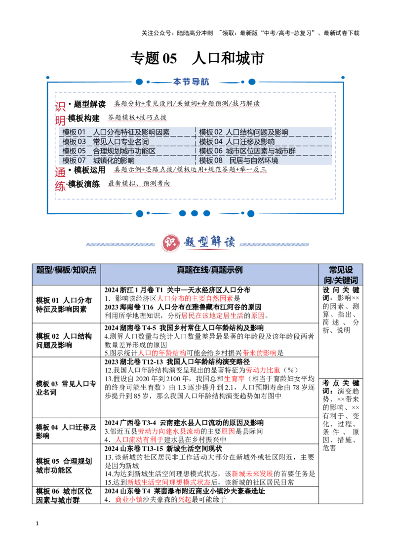 《专题05人口和城市（答题模板）-（解析版）_07-地理-高考总复习_专项复习_2025年_2025年高考地理答题技巧与答题模板（全国通用）》第1页预览