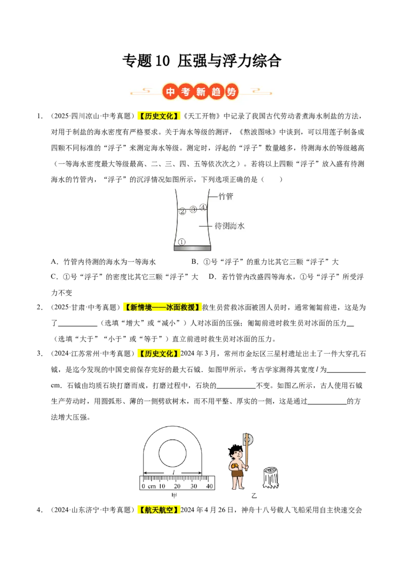 《专题10压强与浮力综合（原卷版）_小初高学习资料合集（每天更新）_2023-2025三年中考真题分类汇编_三年真题分类汇编中考物理26年》第1页预览