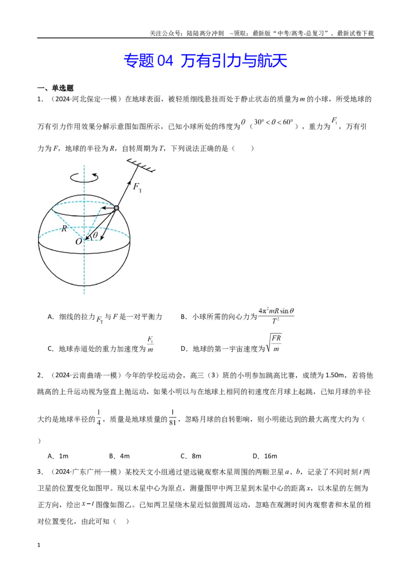 《专题04万有引力与航天（原卷版）_04-物理-高考总复习_专项复习_2024年_2024届新高考物理冲刺专项训练300题_资料》第1页预览
