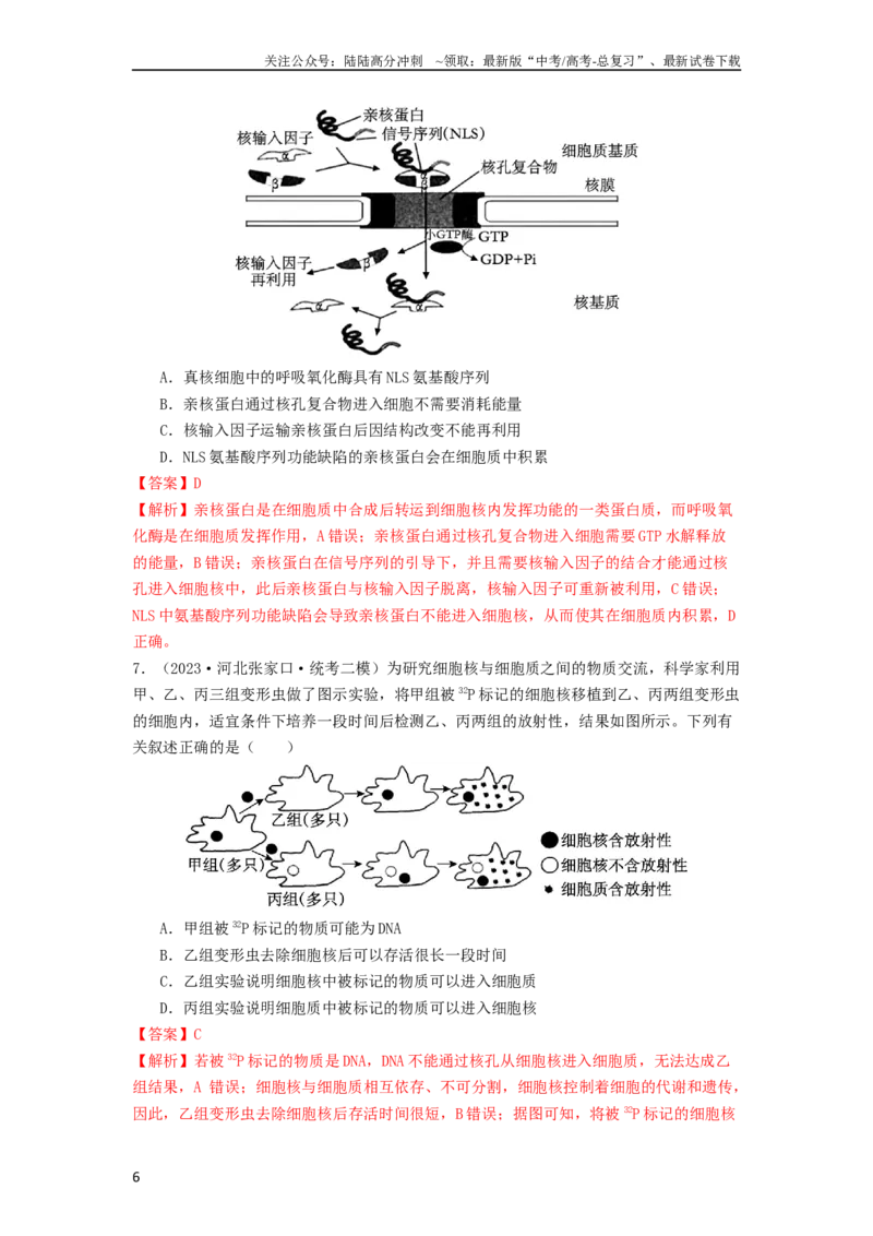 《专题05细胞膜与细胞核（解析版）_06-生物-高考总复习_一轮复习_2024年_2024年高考生物一轮复习抢分特训真题回顾检测试卷_资料》第6页预览