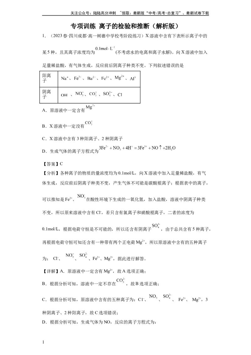 《离子的检验和推断（解析版）_05-化学-高考总复习_一轮复习_2024年_2024年高三化学一轮复习高考专项训练知识梳理练习_资料》第1页预览