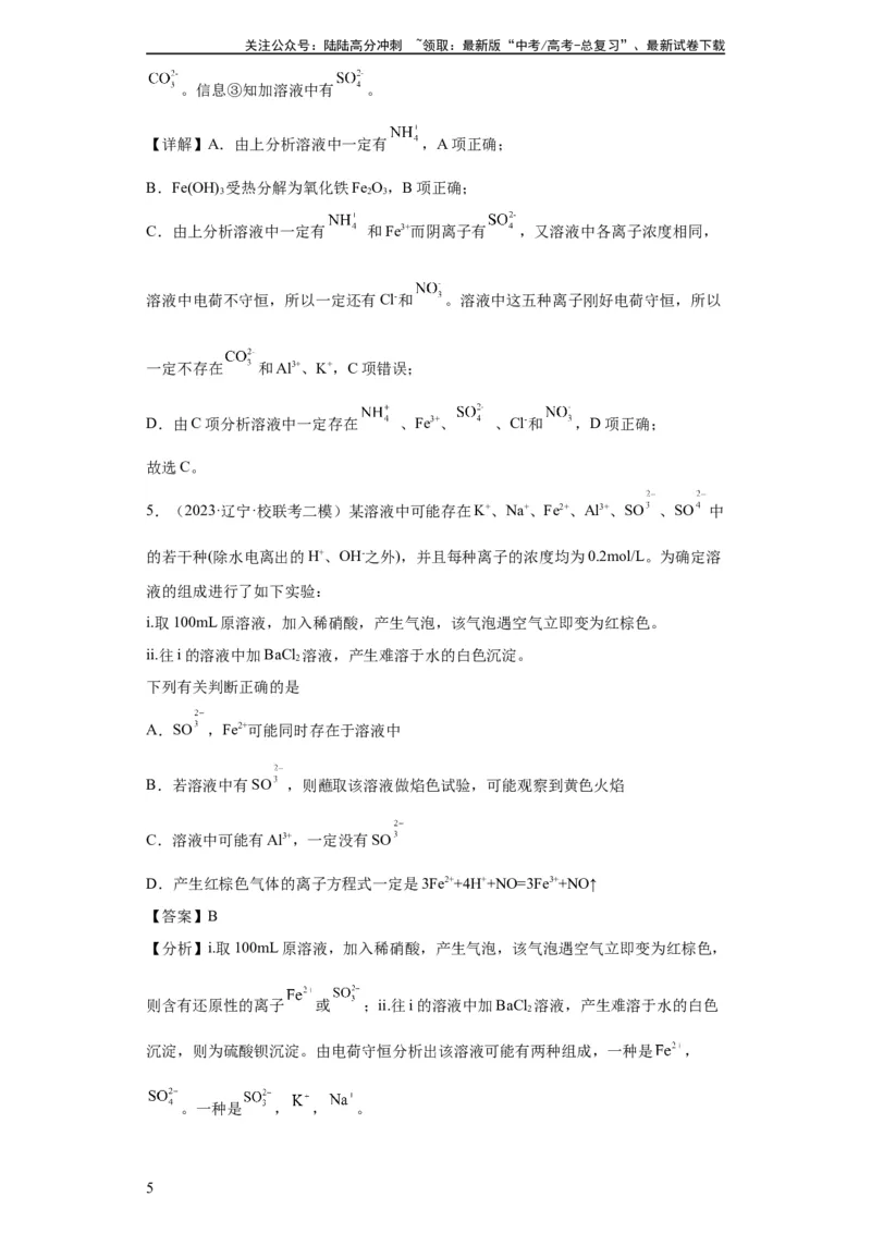 《离子的检验和推断（解析版）_05-化学-高考总复习_一轮复习_2024年_2024年高三化学一轮复习高考专项训练知识梳理练习_资料》第5页预览