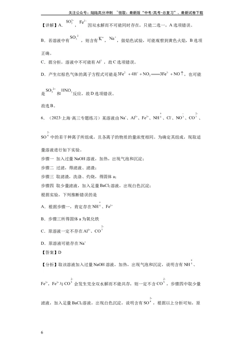 《离子的检验和推断（解析版）_05-化学-高考总复习_一轮复习_2024年_2024年高三化学一轮复习高考专项训练知识梳理练习_资料》第6页预览