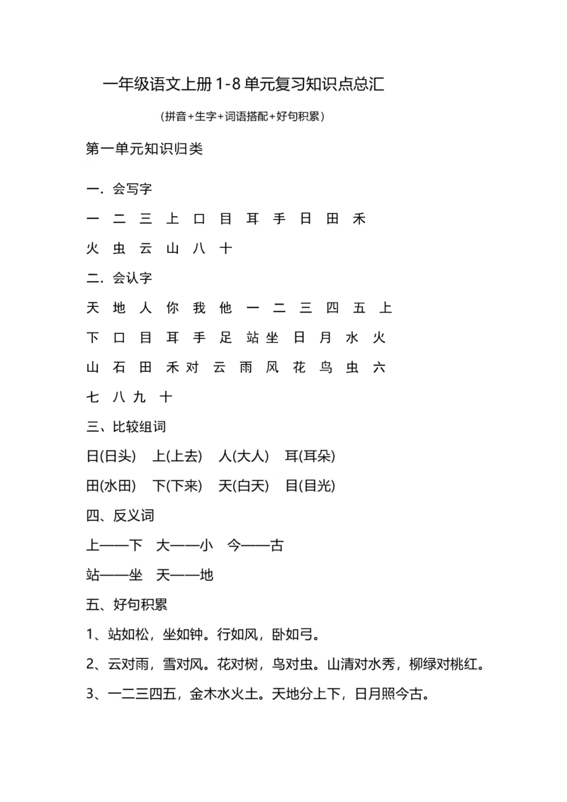 《一（上）语文1-8单元知识点归纳_小学1-6年级全科全套_1-6年级全科上册_一年级_语文_语文一上单元考点归纳》第1页预览