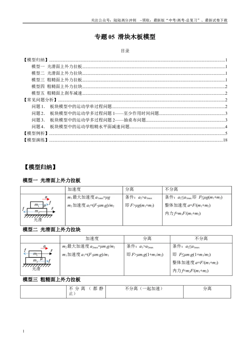 《专题05滑块木板模型（教师版）_04-物理-高考总复习_专项复习_2025年_2025年高中高考物理模型与方法_资料_10高考物理热点模型与方法归纳（一轮）》第1页预览