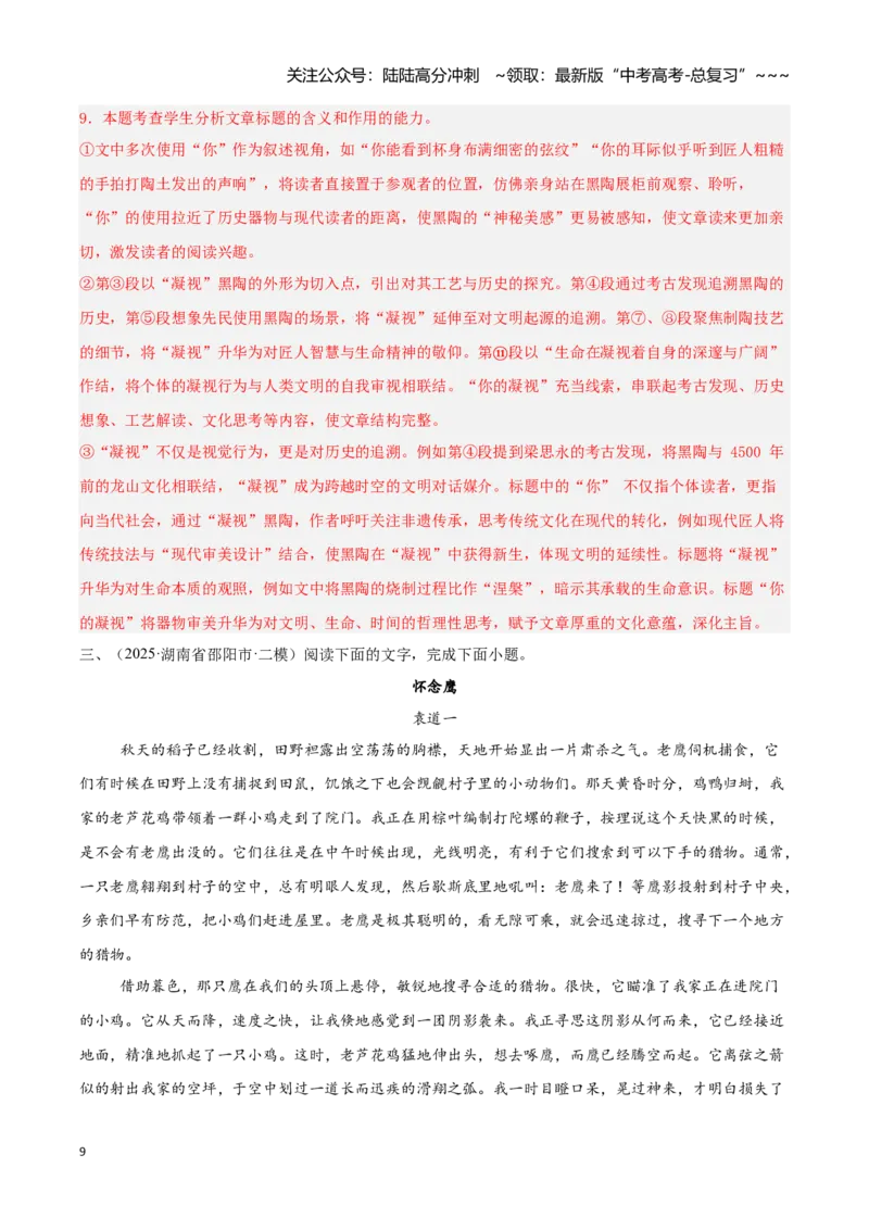 《专题02文学类文本阅读（教师版）_专项复习_2026年-语文专项复习_2025年高考语文二模试题分类汇编（湖南专用）》第9页预览