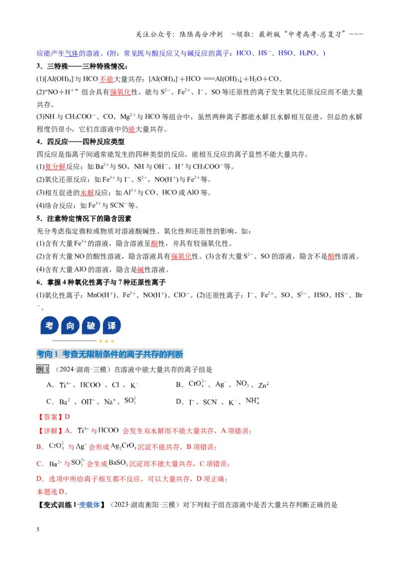 《第03讲离子共存、离子的检验与推断（复习讲义）（湖南专用）（教师版）_05-化学-高考总复习_一轮复习_2026年-化学高考一轮复习_2026年高考化学一轮课件+讲义+练习（湖南专用）-G331》第5页预览