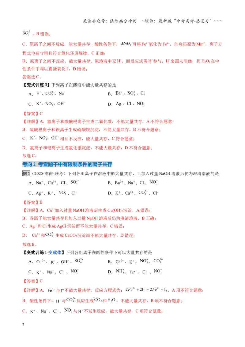 《第03讲离子共存、离子的检验与推断（复习讲义）（湖南专用）（教师版）_05-化学-高考总复习_一轮复习_2026年-化学高考一轮复习_2026年高考化学一轮课件+讲义+练习（湖南专用）-G331》第7页预览