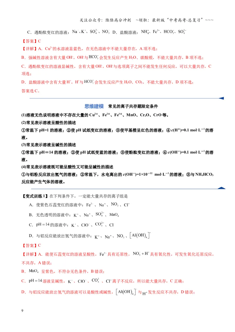 《第03讲离子共存、离子的检验与推断（复习讲义）（湖南专用）（教师版）_05-化学-高考总复习_一轮复习_2026年-化学高考一轮复习_2026年高考化学一轮课件+讲义+练习（湖南专用）-G331》第9页预览