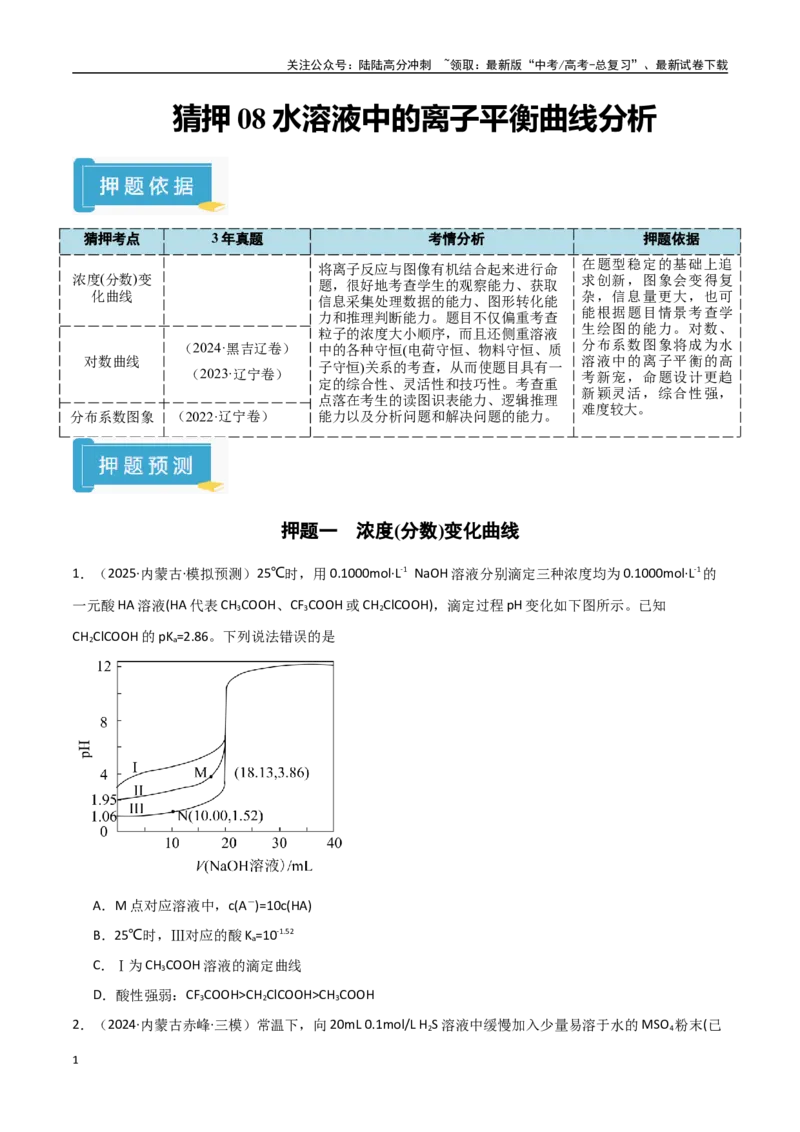 《猜押08水溶液中的离子平衡曲线分析（学生版）_05-化学-高考总复习_专项复习_2025年_2025年高考化学抢押秘籍（黑吉辽蒙专用）》第1页预览