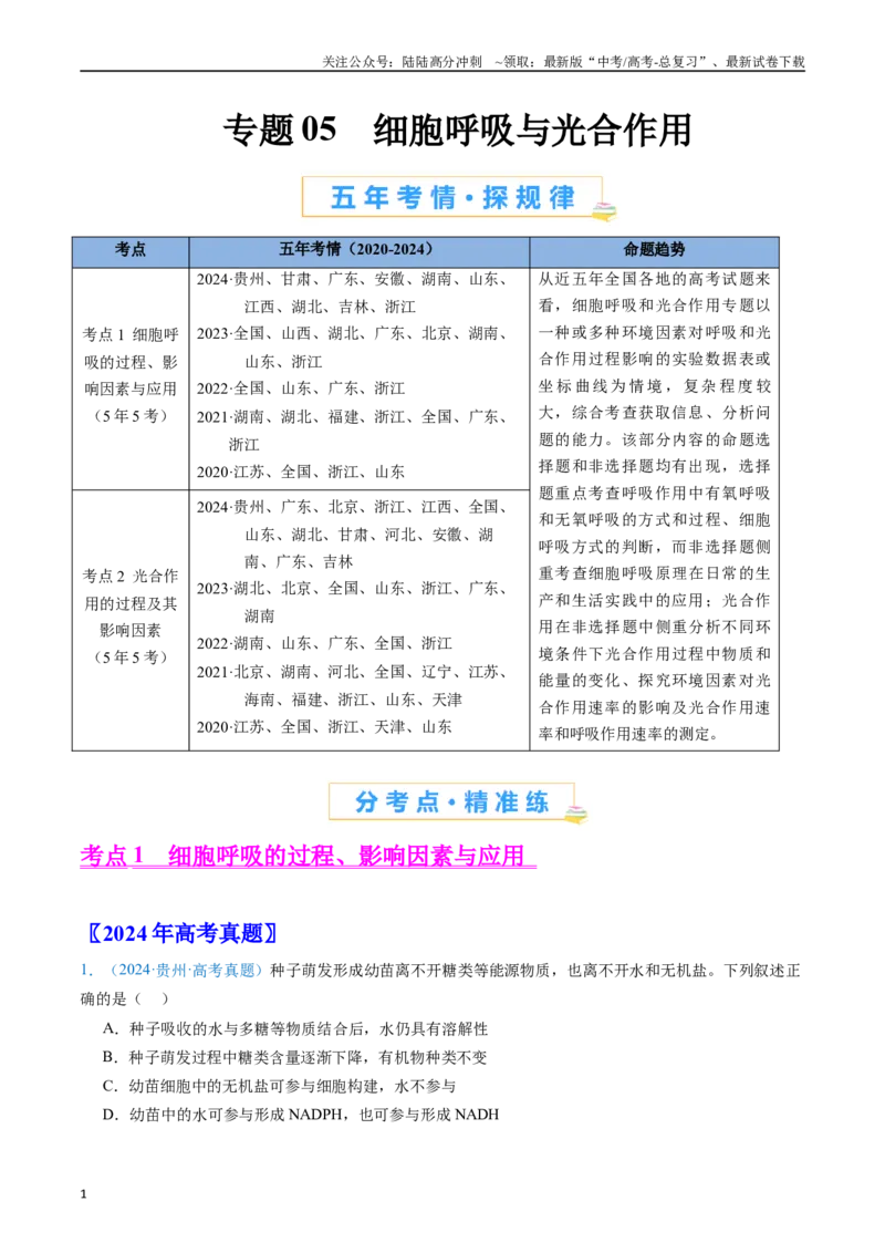 《专题05细胞呼吸与光合作用（原卷版）_06-生物-高考总复习_专项复习_2024年_2024年高考生物真题分类汇编（全国通用）》第1页预览