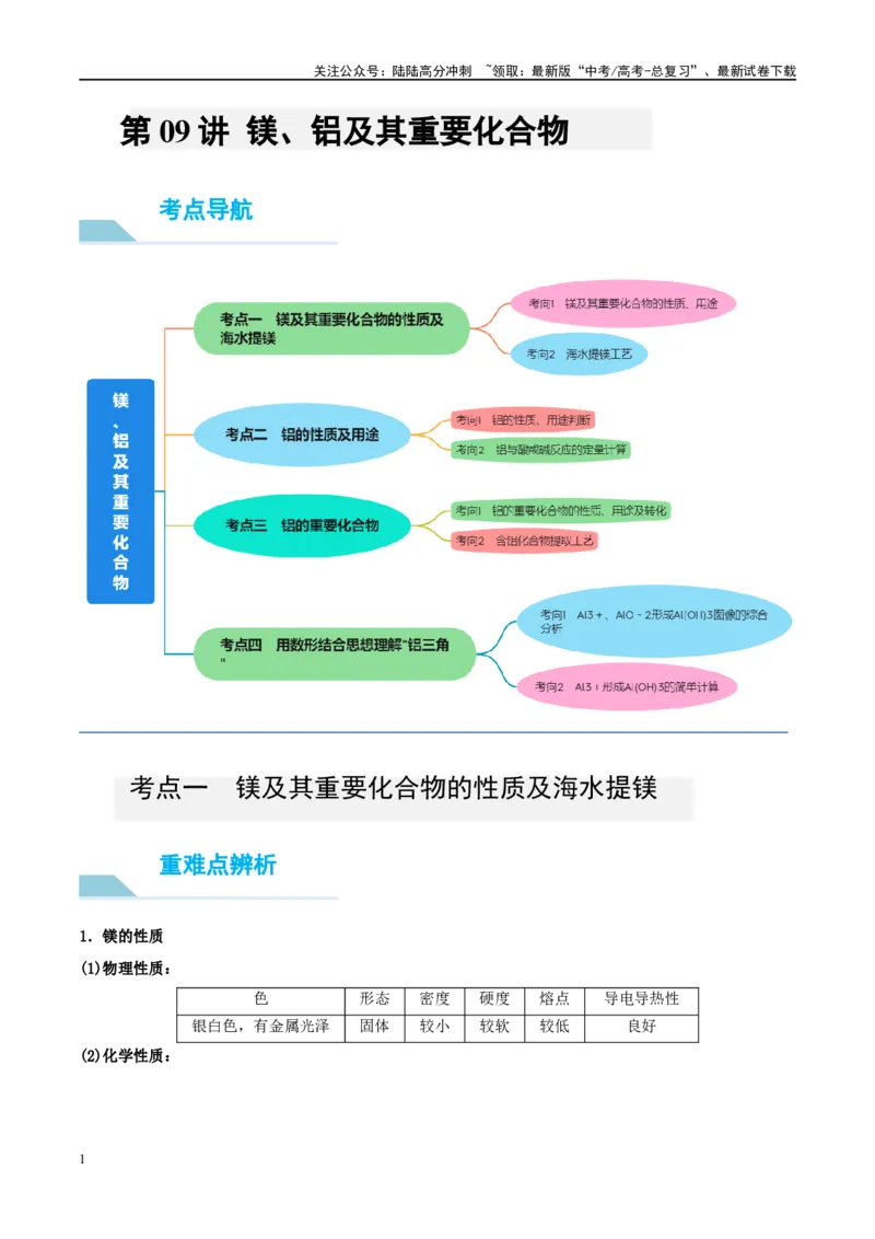 《第09讲镁、铝及其重要化合物（讲义）-（原卷版）_05-化学-高考总复习_一轮复习_2024年_2024年高考化学大一轮复习卓越讲义_资料》第1页预览