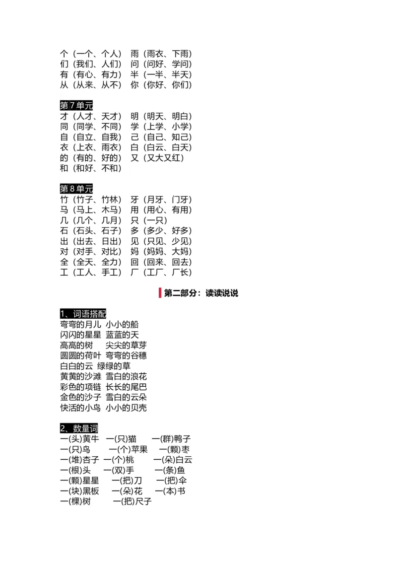 《一（上）语文期末生字组词、读读说说、拼音汇总资料_小学1-6年级全科全套_1-6年级全科上册_一年级_语文_语文一上期末归类复习》第2页预览